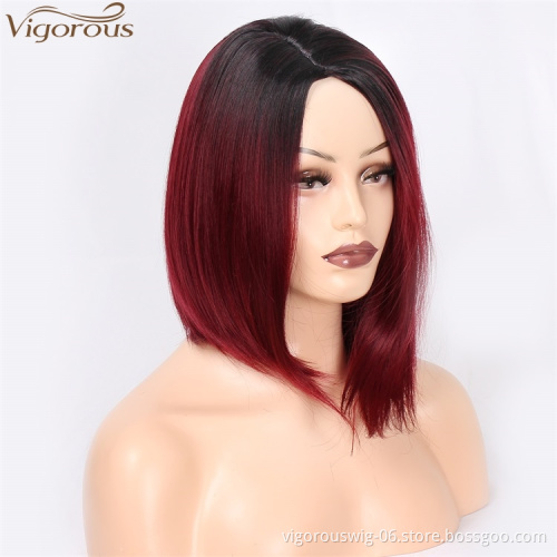 Vigorous 14inch Synthetic Side Part Natural Short Straight Hair Wigs for Black Women 2 Tone Ombre Red Heat Resistant Fiber Hair